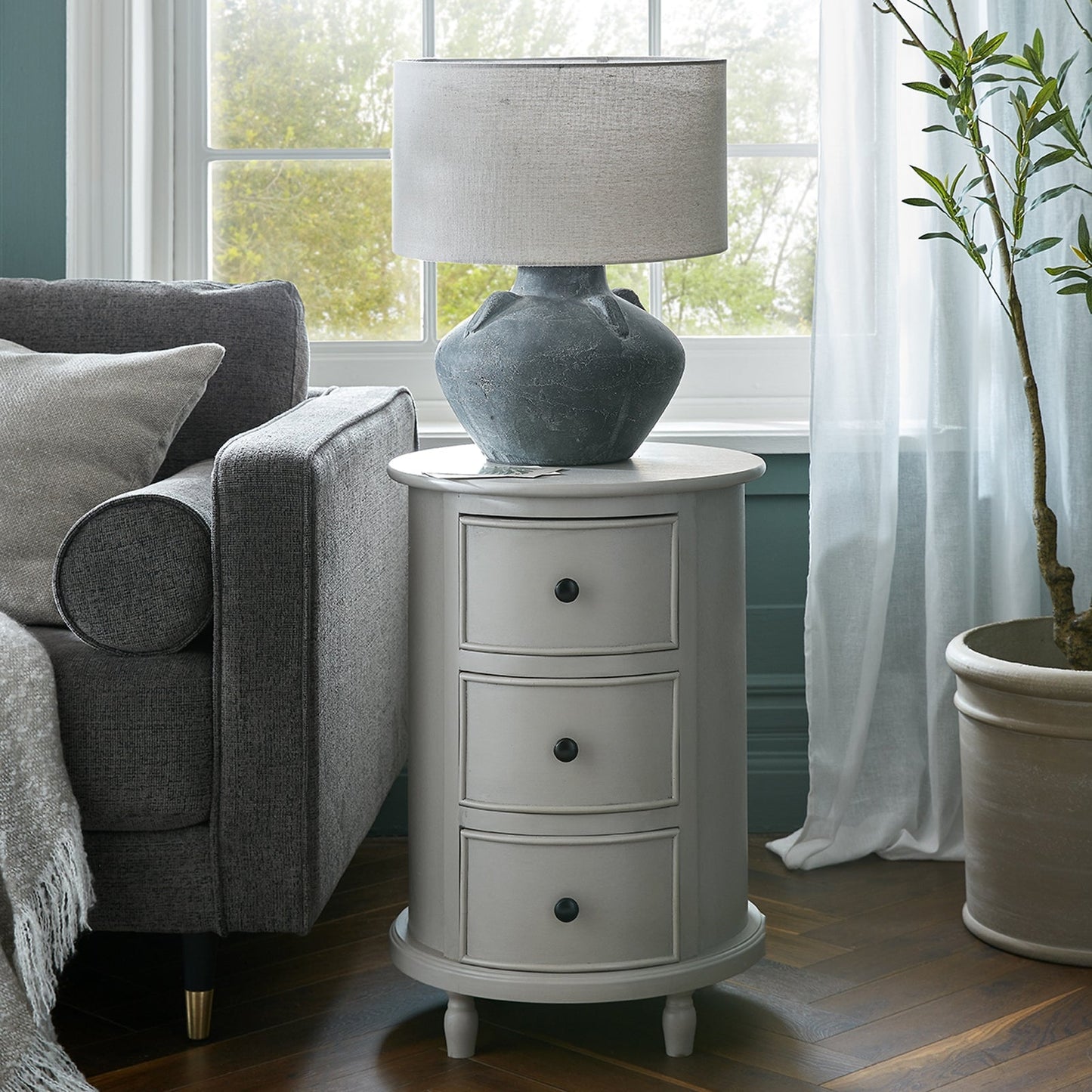 The Camden Collection 3 Drawer Round Side Table Makur Interior