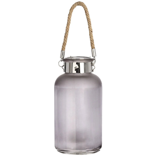 Frosted Grey Glass Lantern with Rope Detail and LED Makur Interior