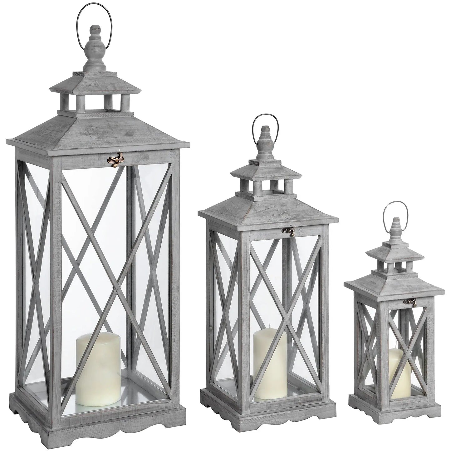 Set Of Three Wooden Lanterns With Traditional Cross Section Makur Interior