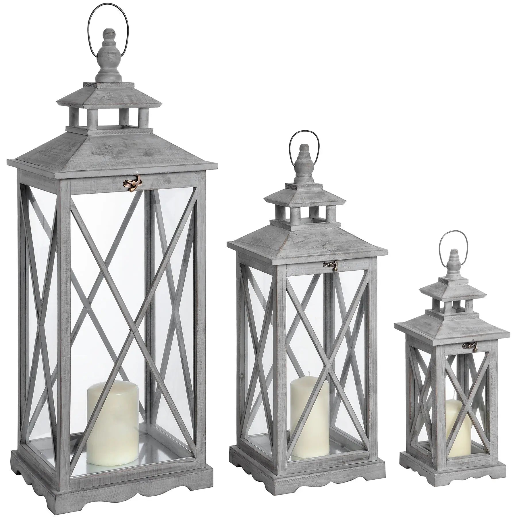 Set Of Three Wooden Lanterns With Traditional Cross Section Makur Interior