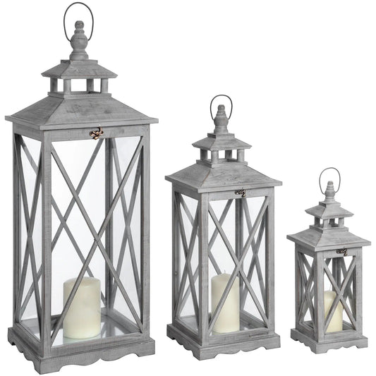 Set Of Three Wooden Lanterns With Traditional Cross Section Makur Interior