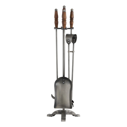 Hand Turned Fire Companion Set In Antique Pewter With Wooden Handles Makur Interior