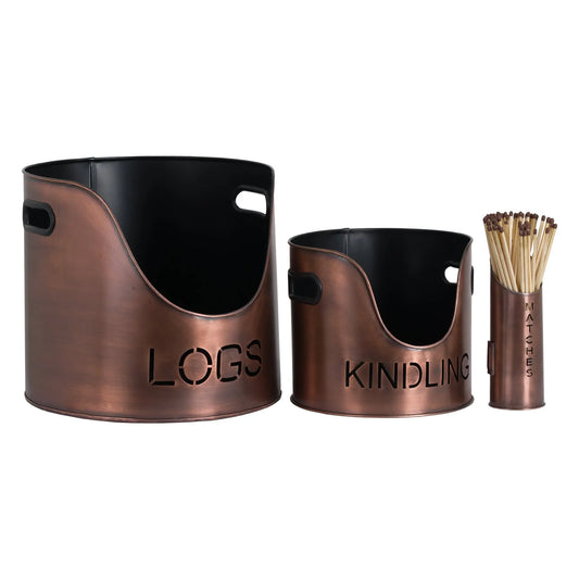 Copper Finish Logs And Kindling Buckets & Matchstick Holder Makur Interior