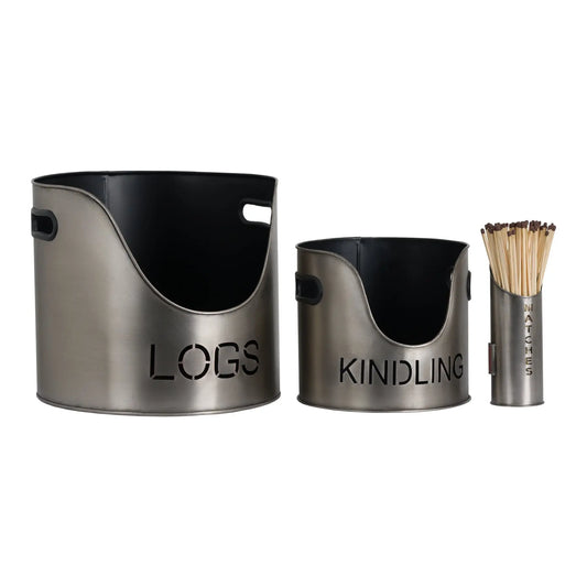 Pewter Finish Logs And Kindling Buckets & Matchstick Holder Makur Interior