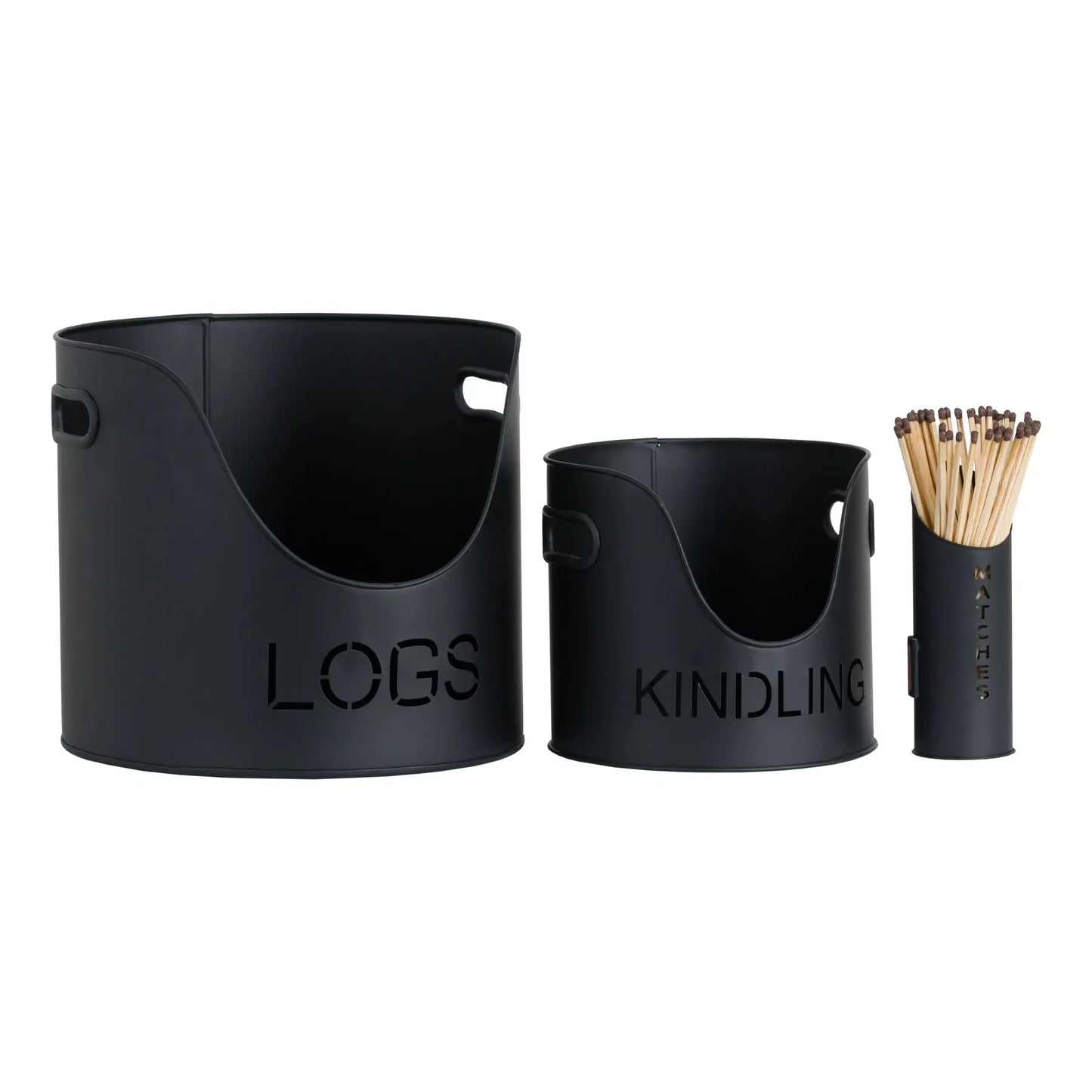 Black Finish Logs And Kindling Buckets & Matchstick Holder Makur Interior