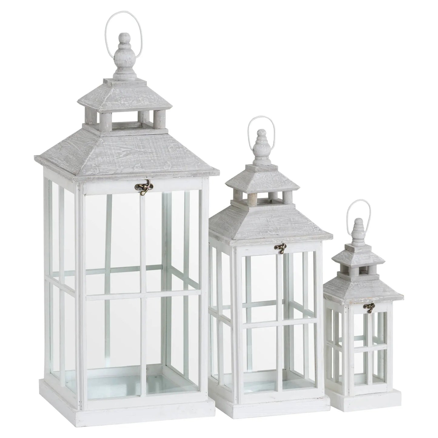 Set Of 3 White Window Style Lanterns With Open Top Makur Interior