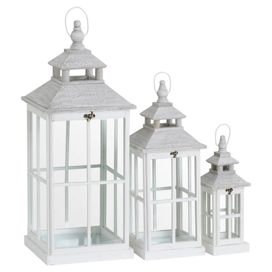 Set Of 3 White Window Style Lanterns With Open Top Makur Interior