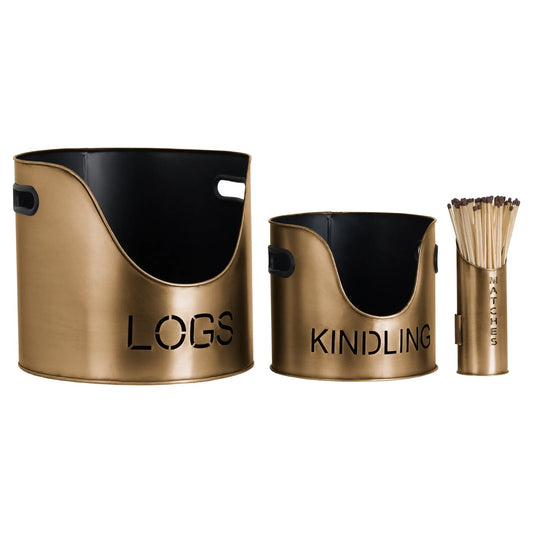Bronze Finish Logs And Kindling Buckets & Matchstick Holder Makur Interior