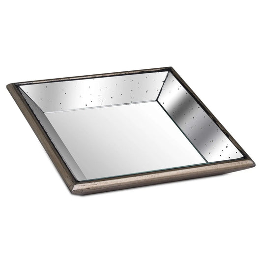 Astor Distressed Mirrored Square Tray W/Wooden Detailing Sml Makur Interior