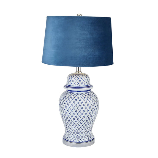 Malabar Blue And White Ceramic Lamp With Blue Velvet Shade Makur Interior