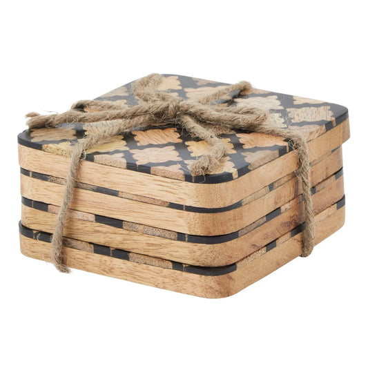 Set Of 4 Wood Effect Black Geometric Coasters Makur Interior