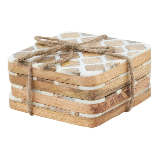 Set Of 4 Wood Effect White Geometric Coasters Makur Interior