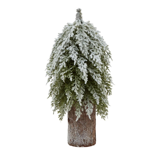 Small Snowy Fir Tree On Tall Wood Log Makur Interior