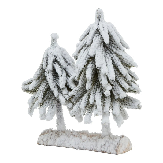 Small Snowy Fir Tree Duo On Wood Log Makur Interior