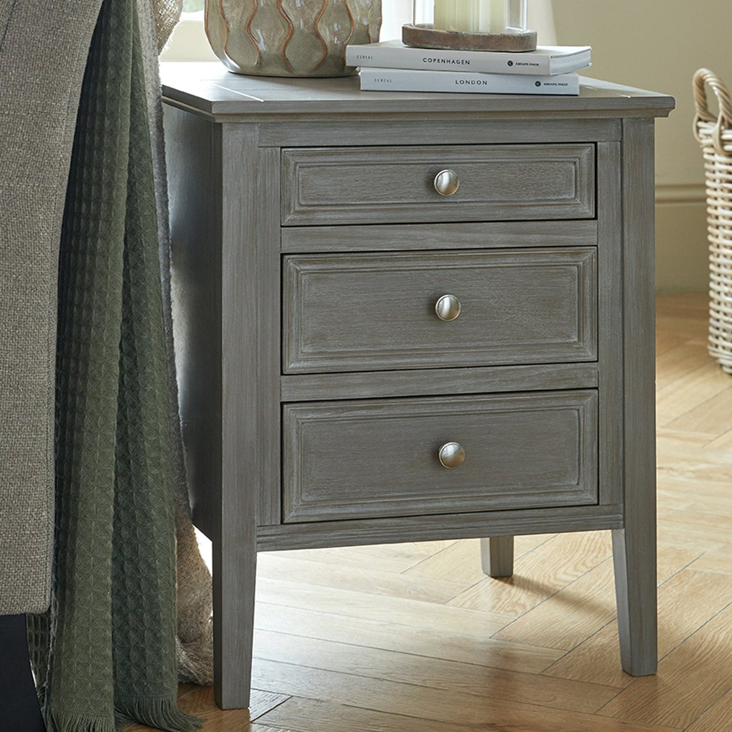 The Serene Collection Three Drawer Bedside Table Makur Interior
