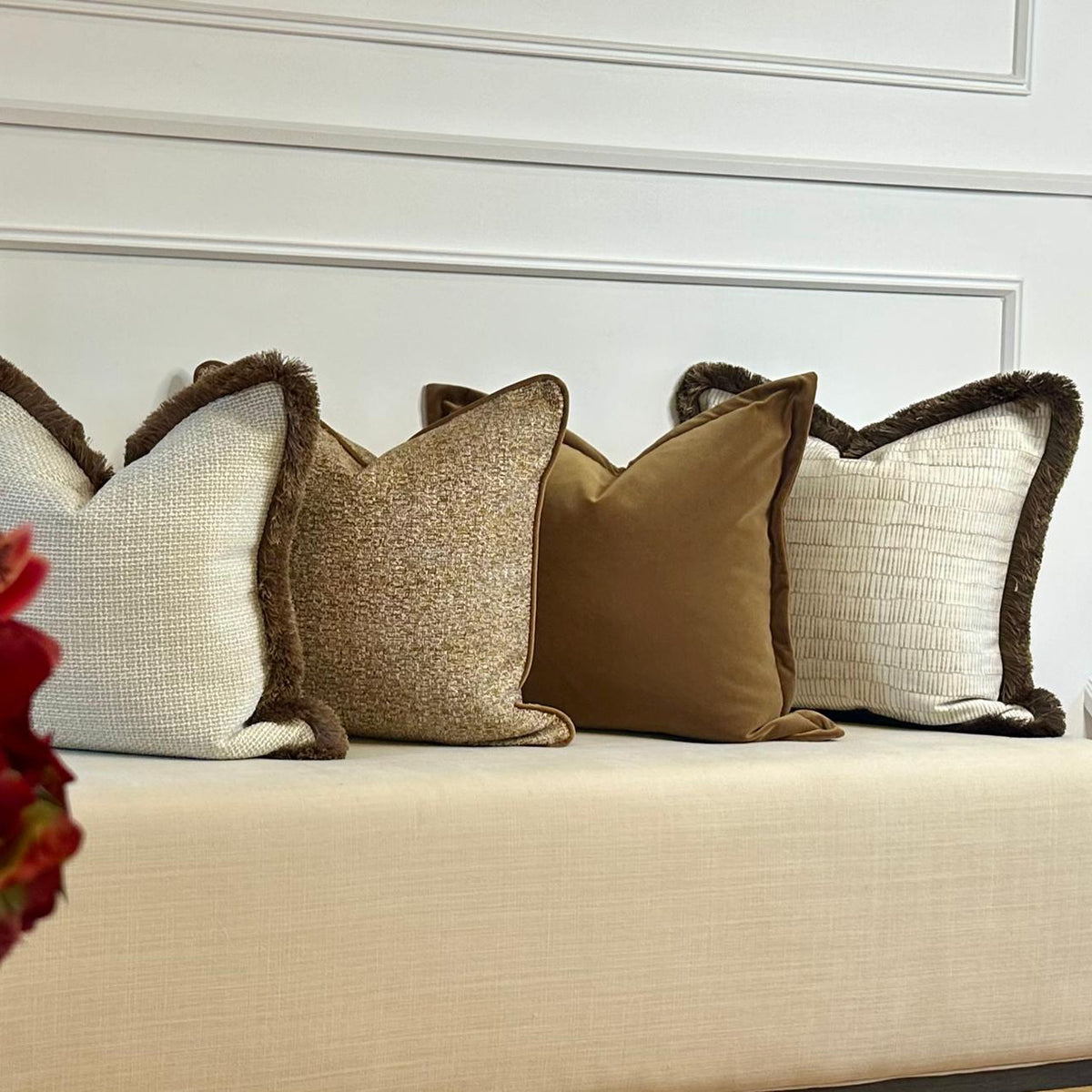 Champagne Cushion with Brown Fringe